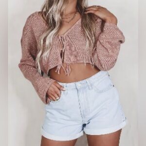 NWT minkpink rose Pink Crop tie front long sleeve Sweater cover up revolve XS